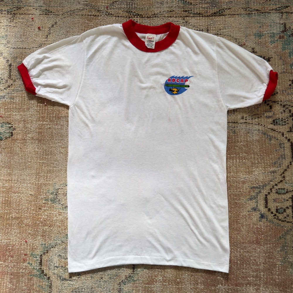 Vintage 80s‎ Mk-48 Mod 5 ADCAP Torpedo Ringer Shirt Mens Medium White Red USA